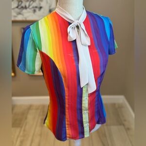 UNIQUE VINTAGE Rainbow Striped Tie-Neck Blouse